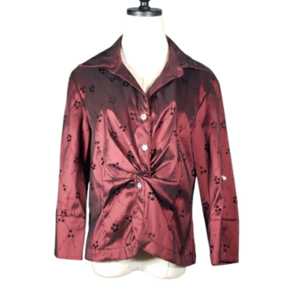 Vintage Tops - Vtg Oxblood Cachet Rheinstones Seqins Evening Faux Wrap Formal Blouse Top 16